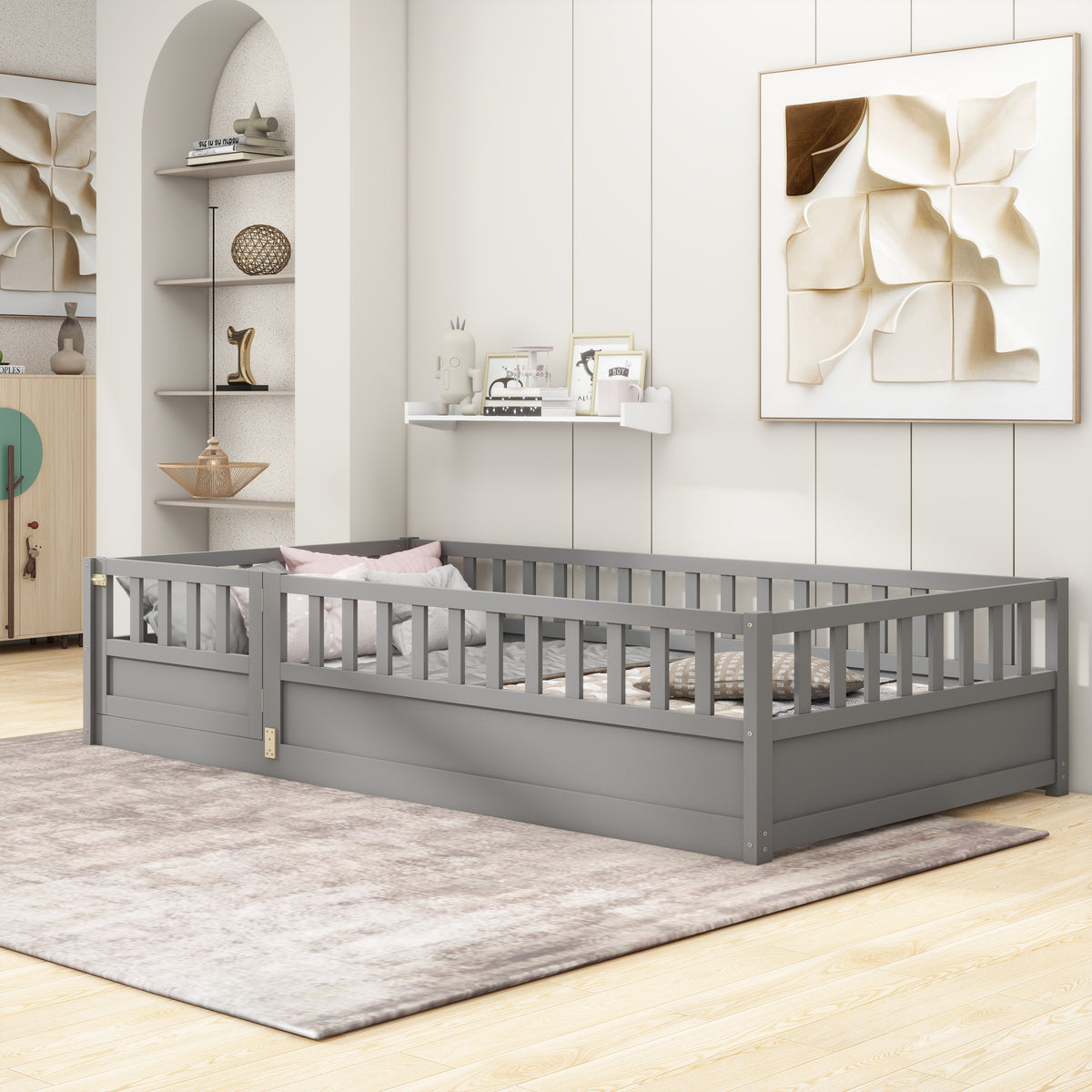 Twin Size Floor bed, integral construction with super high security barrier, door, children's floor bed frame, Montessori wooden children's floor bed, Support slat Grey W1858P164941-djyc