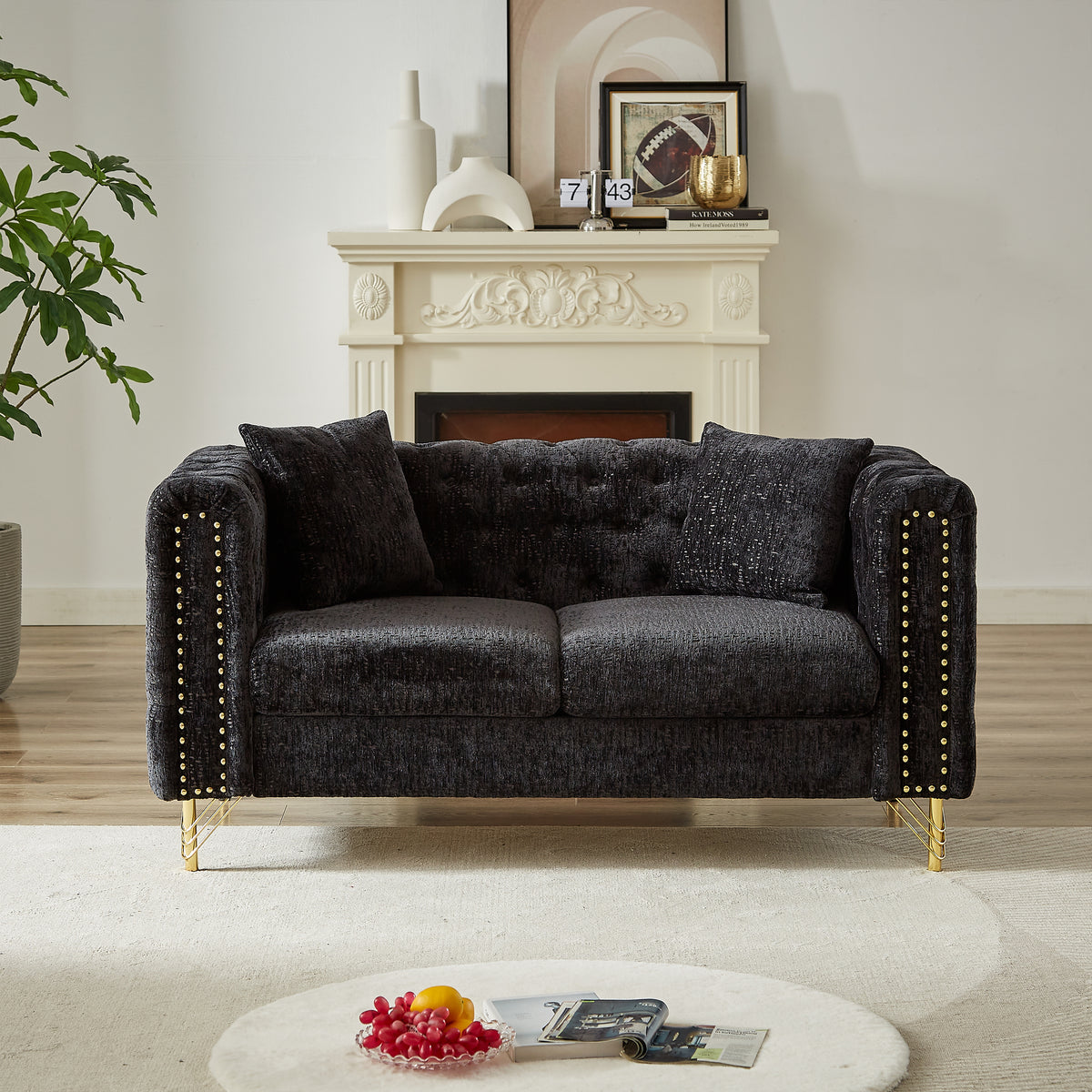 60-Inch Chenille Pull Buckle Design Sofa for Living Room,Buttons Tufted With Copper Nail Decoration Armrest, Modern Couch Upholstered Button And Metal Legs W834S00298-djyc