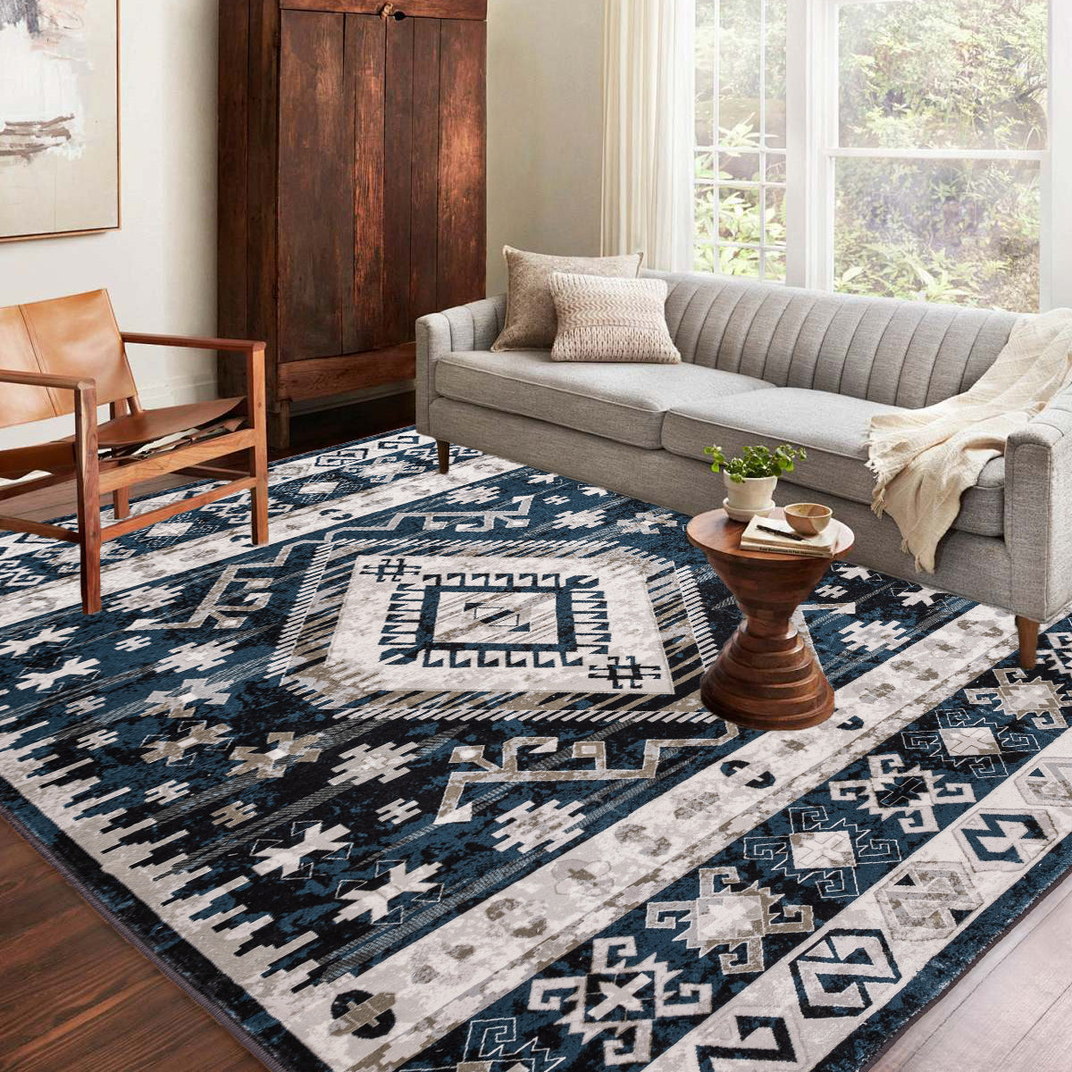 Area Rug 8x10 Vintage Bohemia Large Persian Non-slip Washable Rug For Living Room Kitchen Bedroom Living Room Geometry Blue/Black-W2907P265133