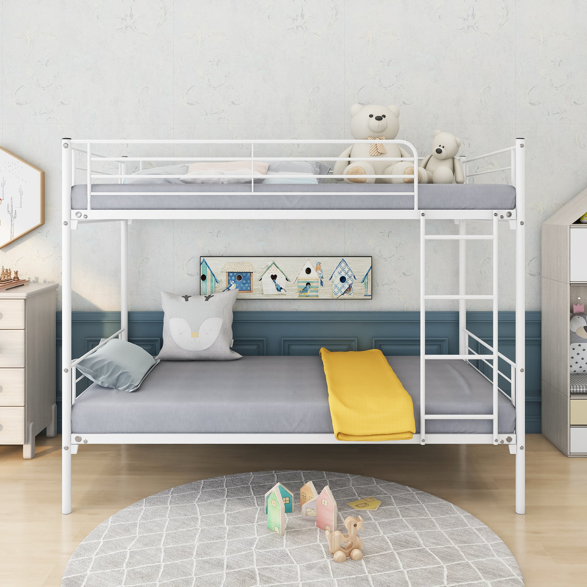 Twin-Over-Twin Bunk Bed with Metal Frame and Ladder, Space-Saving Design,White W84034153-djyc