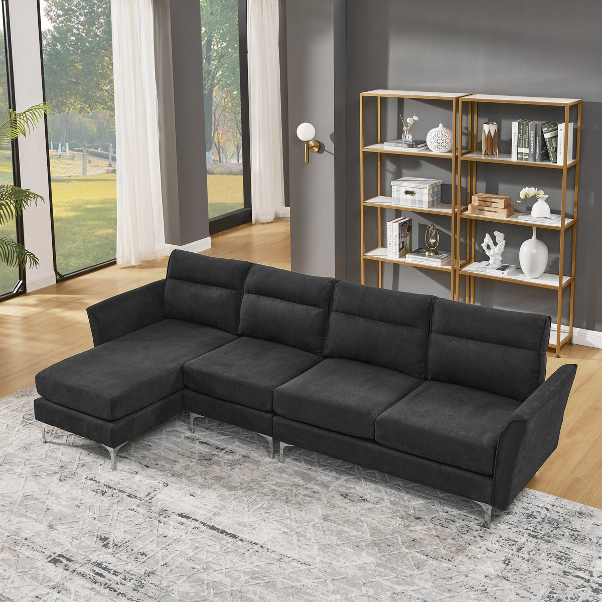 Modern Sofa 3-Seat Couch with Stainless Steel Trim and Metal Legs for Living Room,New package compression sofa technology,black W487S00233-djyc