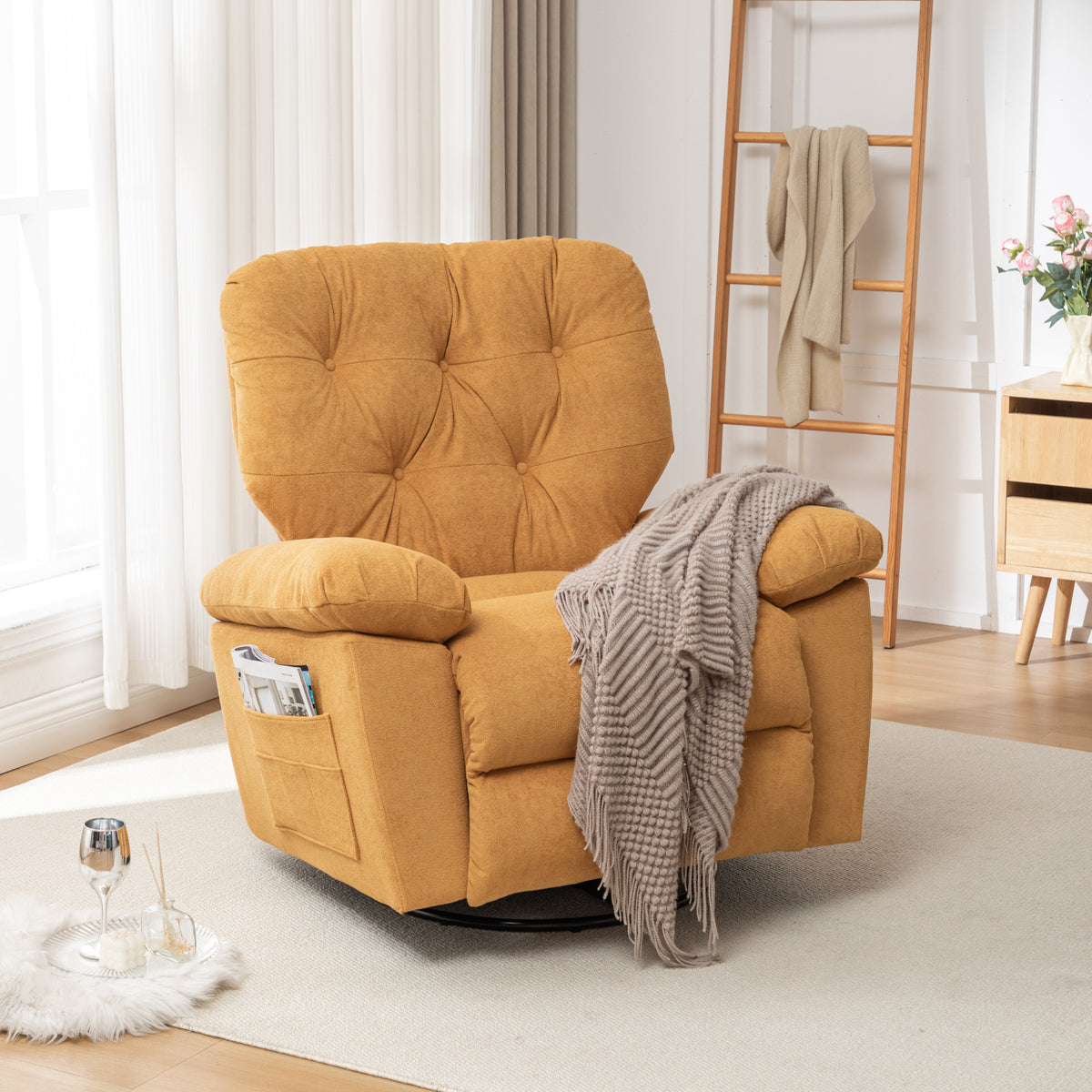 Yellow Relaxing Recliner Chair,Soft Artificial Fleece, Overstuffed, Swivel, Glider, Side Pocket W1170S00034-djyc