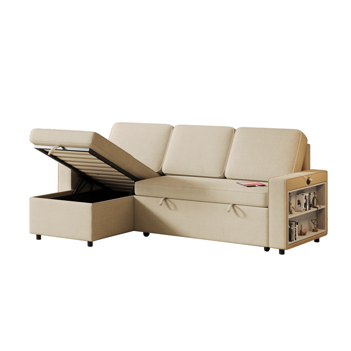 85.8" Pull Out Sleeper Sofa L-Shaped Couch Convertible Sofa Bed with Storage Chaise And Storage Racks,With USB Port And T-pyce Port W834S00266-djyc