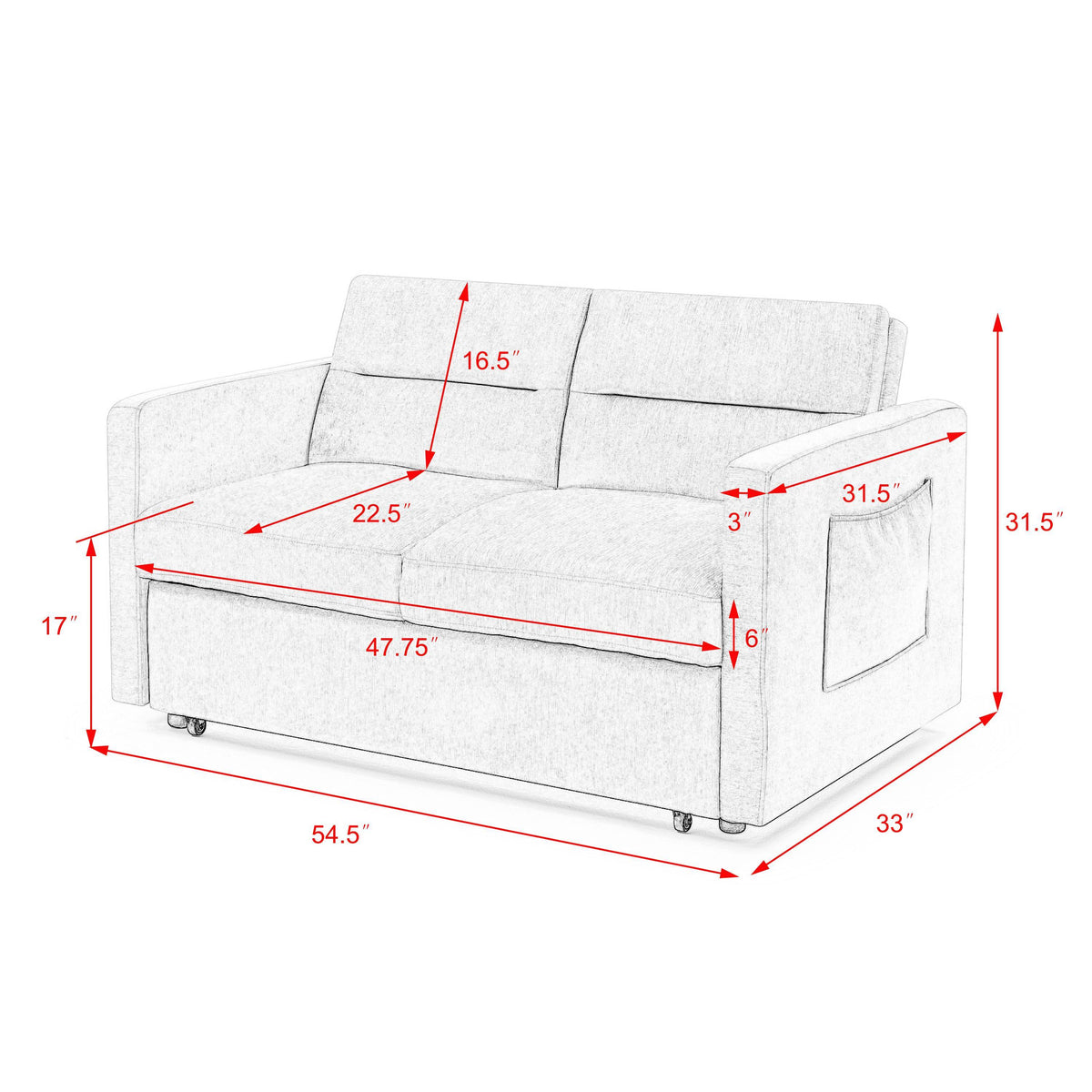 Loveseats Sofa Bed with Pull-out Bed,Adjsutable Back and Two Arm Pocket,Black (54.5"x33"x31.5") W48766865-djyc