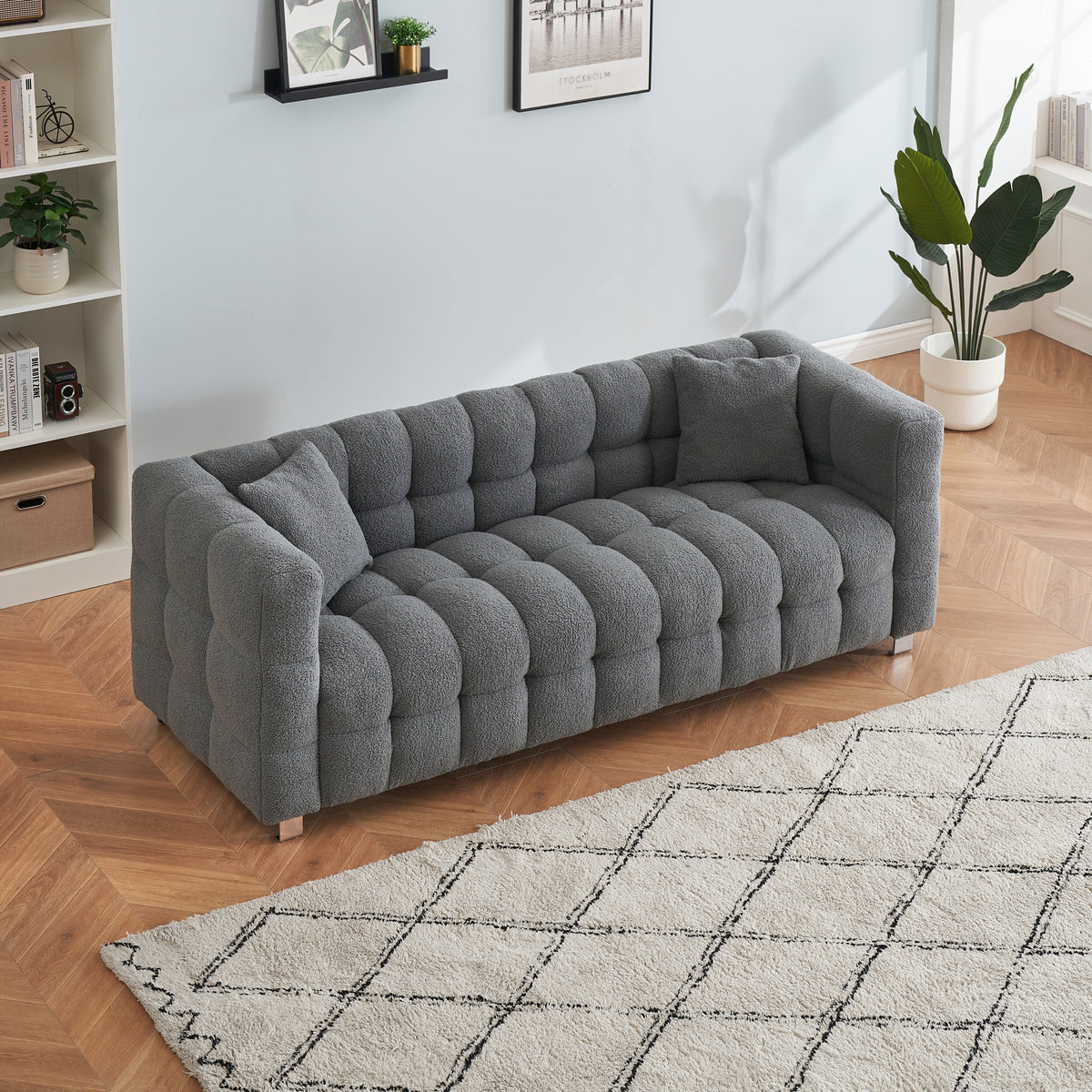 Grey teddy fleece sofa 80 inch discharge in living room bedroom with two throw pillows hardware foot support W1278141700-djyc