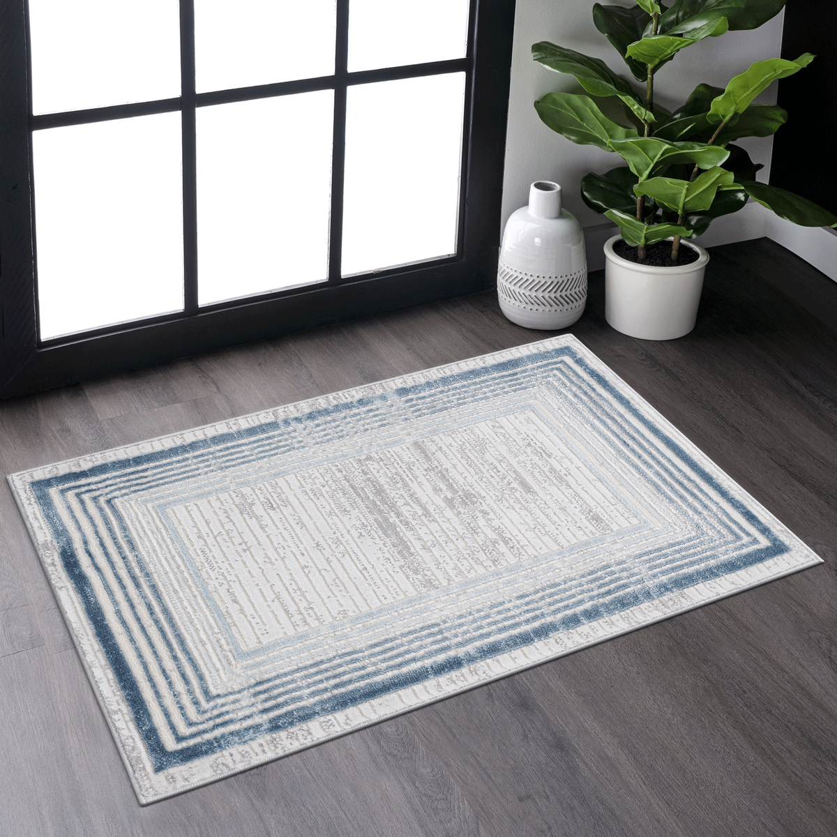 MARFI Collection 2X3 Blue / Ivory / Bordered Doormat Rug-B189P183526