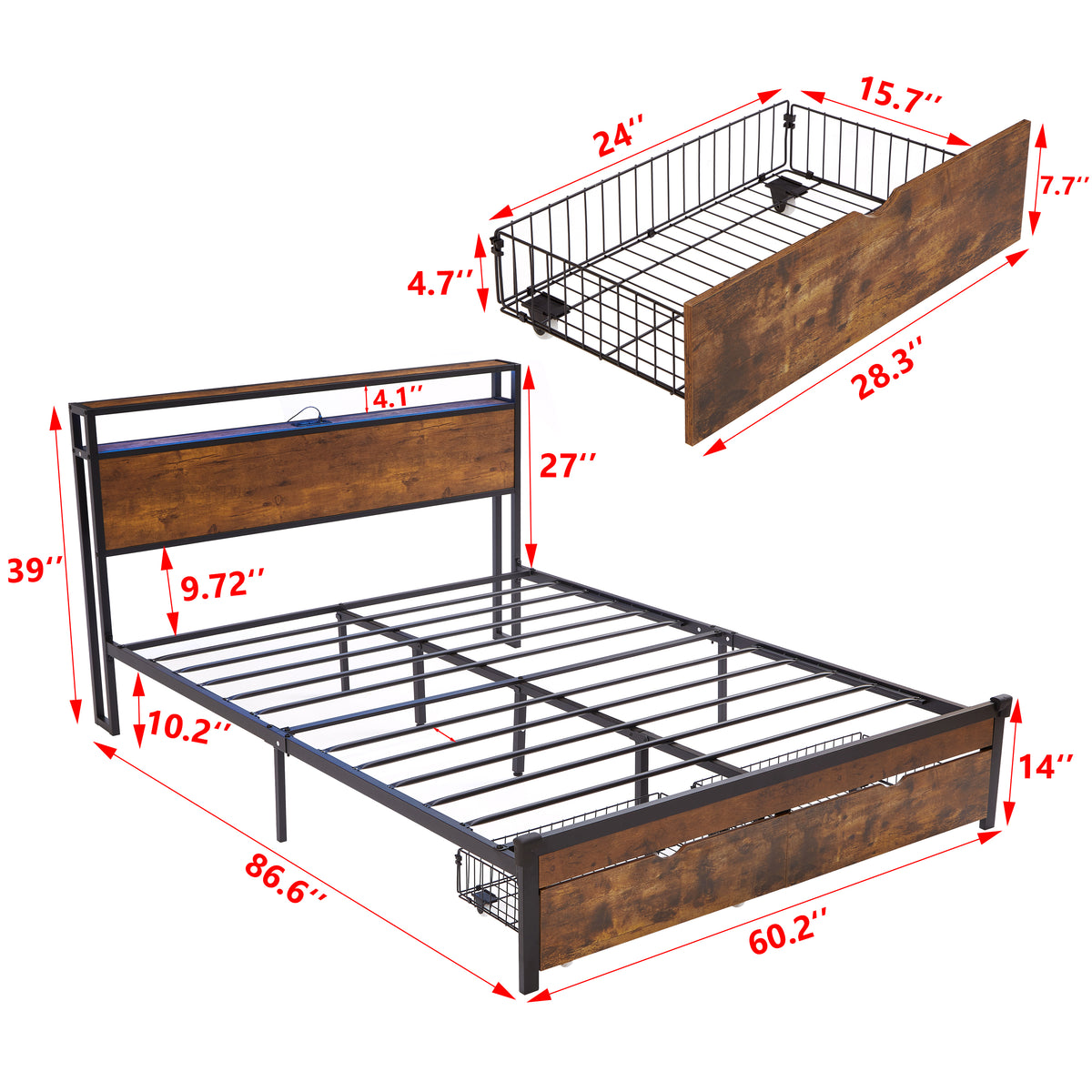 Queen Size Metal Platform Bed Frame with Wooden Headboard and Footboard with USB,Charging Station,2 Drawers,LED Lights, No Box Spring Needed, Easy Assemble W311S00046-djyc