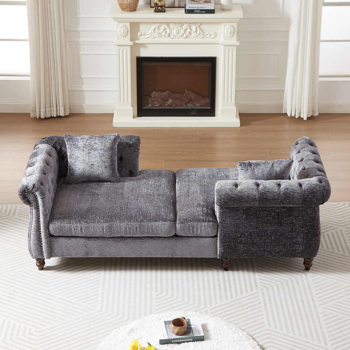 81-inch Chenille Face-to-face Chaise Lounge with Two Pillows,Nailhead trim,Button Tufted Design and Rolled Arms for Lounge, Living room and Office W834S00316-djyc