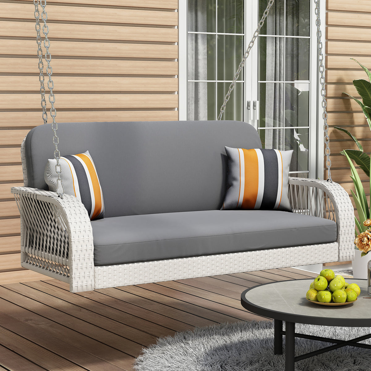 PE Wicker Porch Swing, 2-Seater Hanging Bench With Chains, Patio Furniture Swing For Backyard Garden Poolside, White And Gray WF320681AAK-djyc
