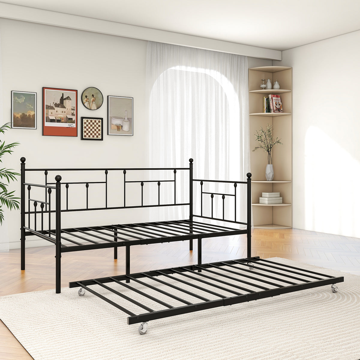 Metal Daybed Frame Twin Size Platform with trundle , No Box Spring Needed Black W840104493-djyc