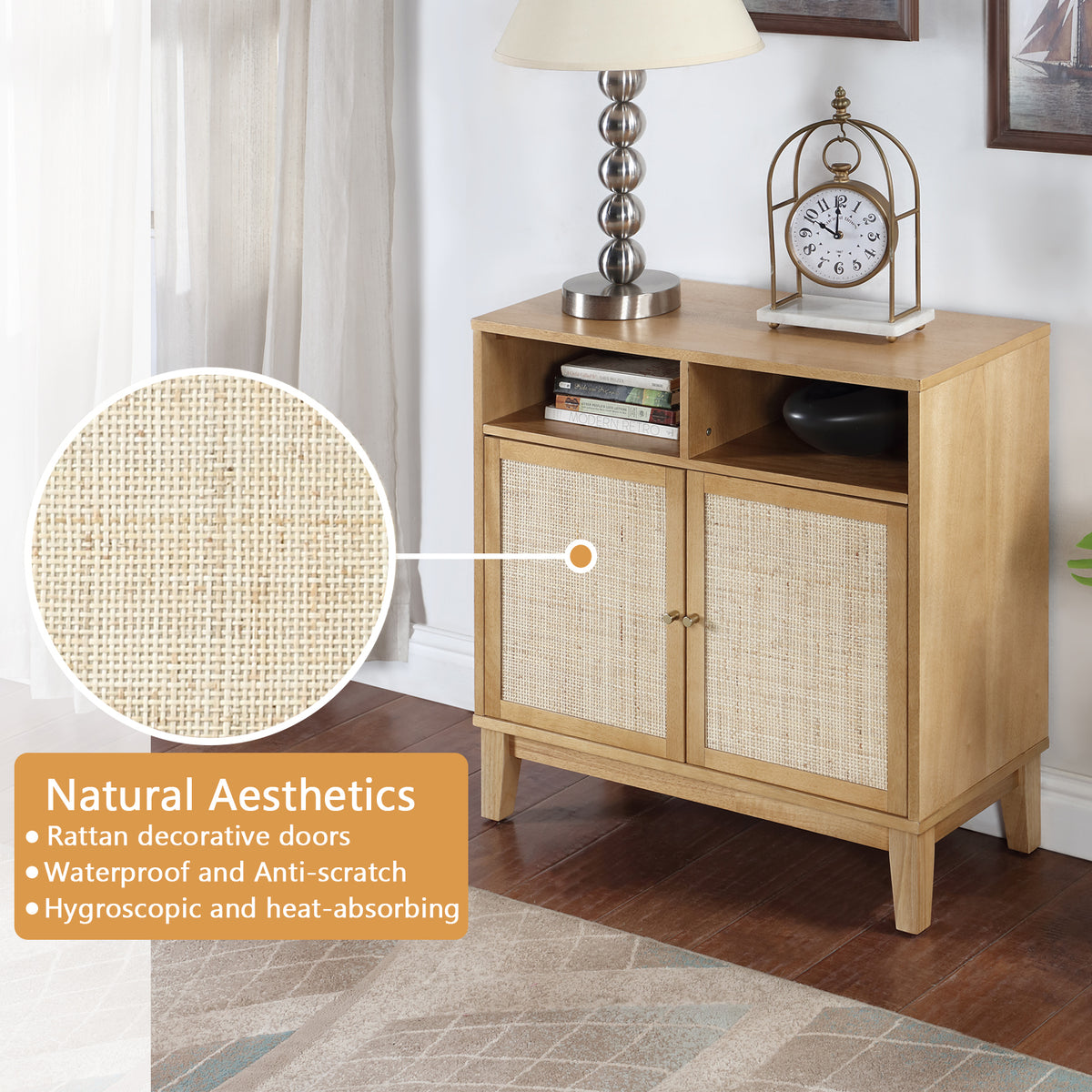 Buffet Cabinet with Storage,Storage Cabinet with Natural Rattan Decorated Doors,Rattan Cabinet with Adjustable Shelf,Sideboard for Living Room,Kitchen,Hallway,2 doors, storage, Natural W1998128705-djyc