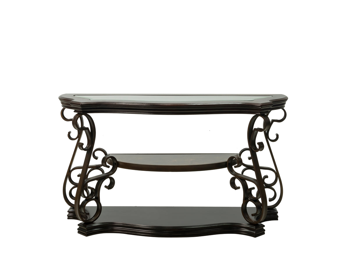 Sofa Table, Glass table top, MDF W/marble paper middle shelf, powder coat finish metal legs. (54"Lx20"Wx30"H) W48720762-djyc