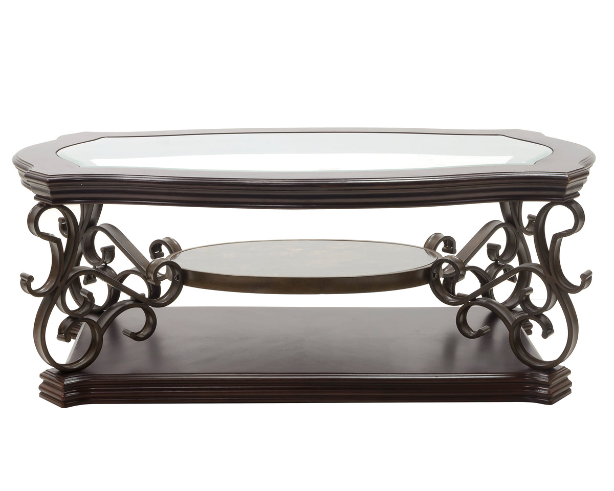 Cocktail Table, Glass table top, MDF W/marble paper middle shelf, powder coat finish metal legs. (52"Lx32"Wx20.3"H) W48720760-djyc