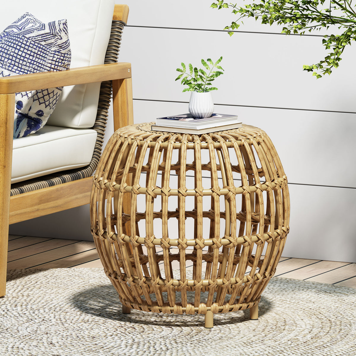 Boho Handcrafted Side Table – Faux Rattan Weave, Earthy, and Versatile for Indoor/Outdoor Spaces 70907-djyc