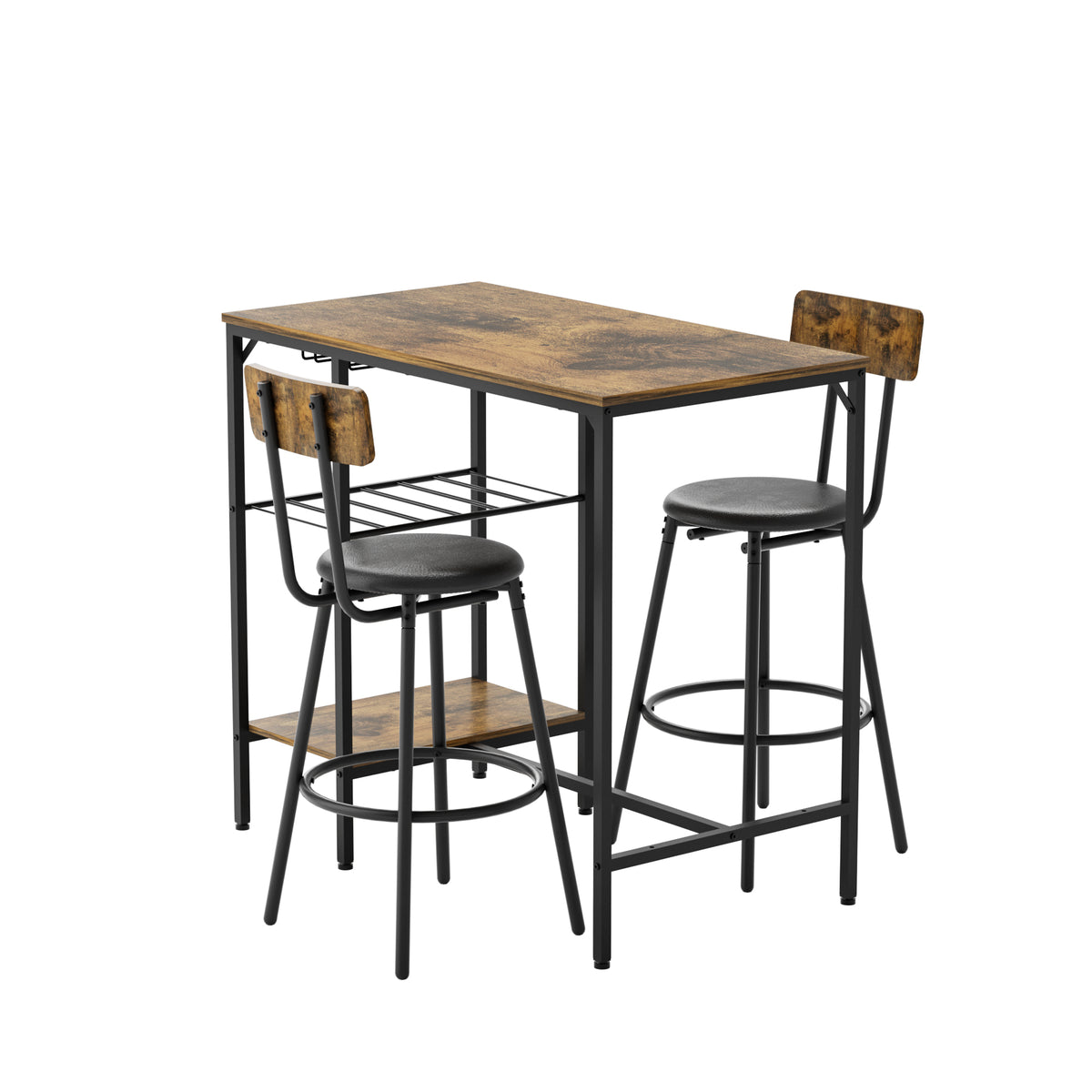 Bar Table and Chairs Set for 2, 3 Pieces Pub Dining Table Set, 2 Bar Stools PU Upholstery Seat with Backrest for Kitchen, Apartment, Small Space W1903P149802-djyc