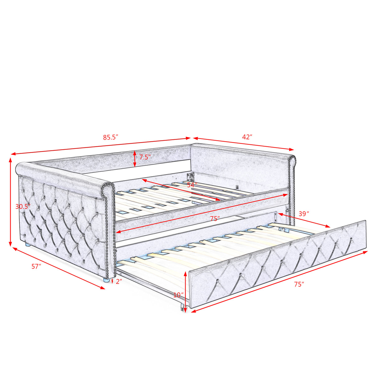 Daybed with Trundle Upholstered Tufted Sofa Bed, with Button and Copper Nail on Arms,Full Daybed & Twin Trundle, Grey(85.5"x57"x30.5") W487S00078-djyc