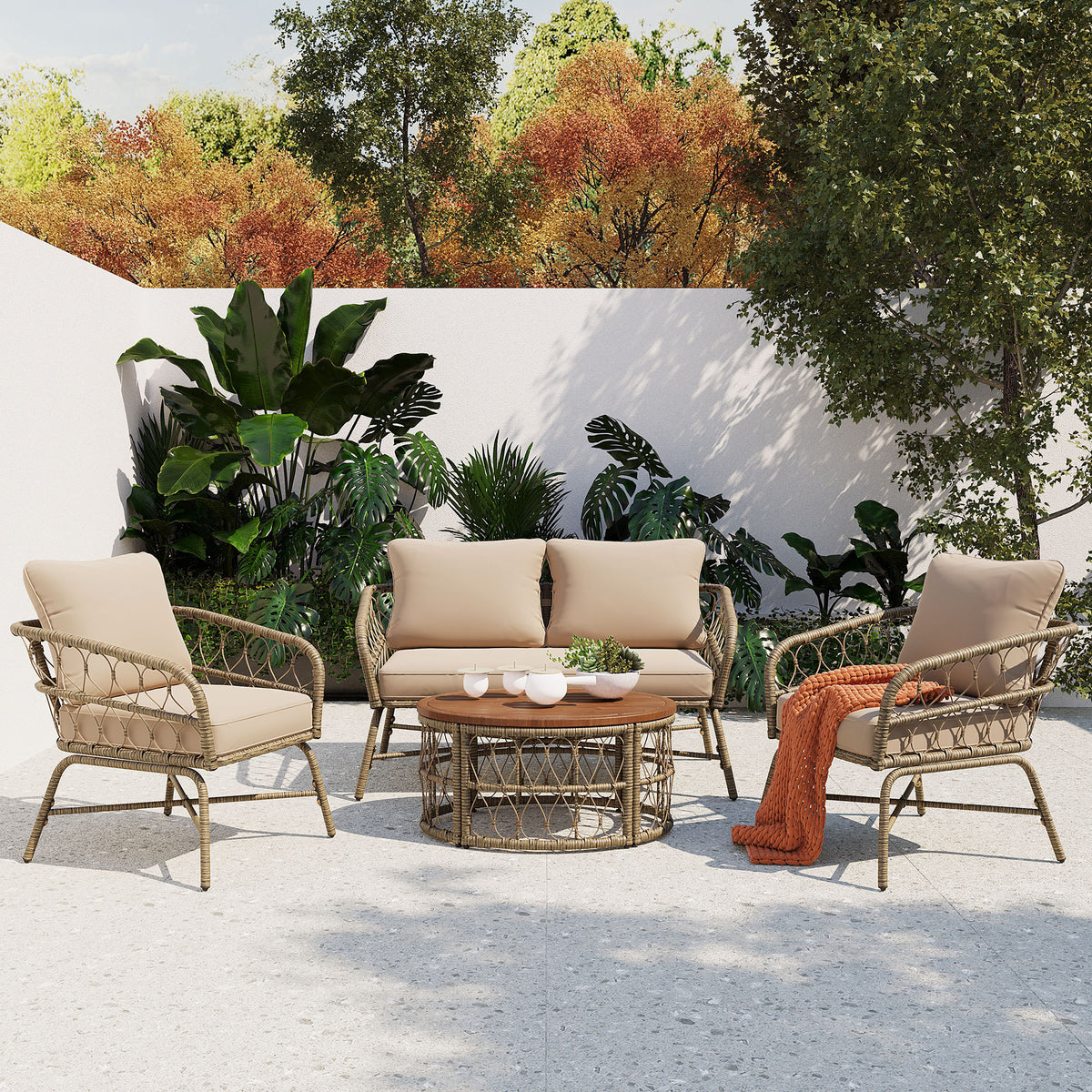 GO Bohemia-inspired 4-Person Outdoor Seating Group With Removable Cushions, Conversation Patio Set With Wood Tabletop, Beige FG201236AAA-djyc