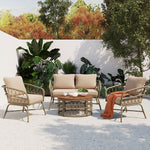 GO Bohemia-inspired 4-Person Outdoor Seating Group With Removable Cushions, Conversation Patio Set With Wood Tabletop, Beige FG201236AAA-djyc