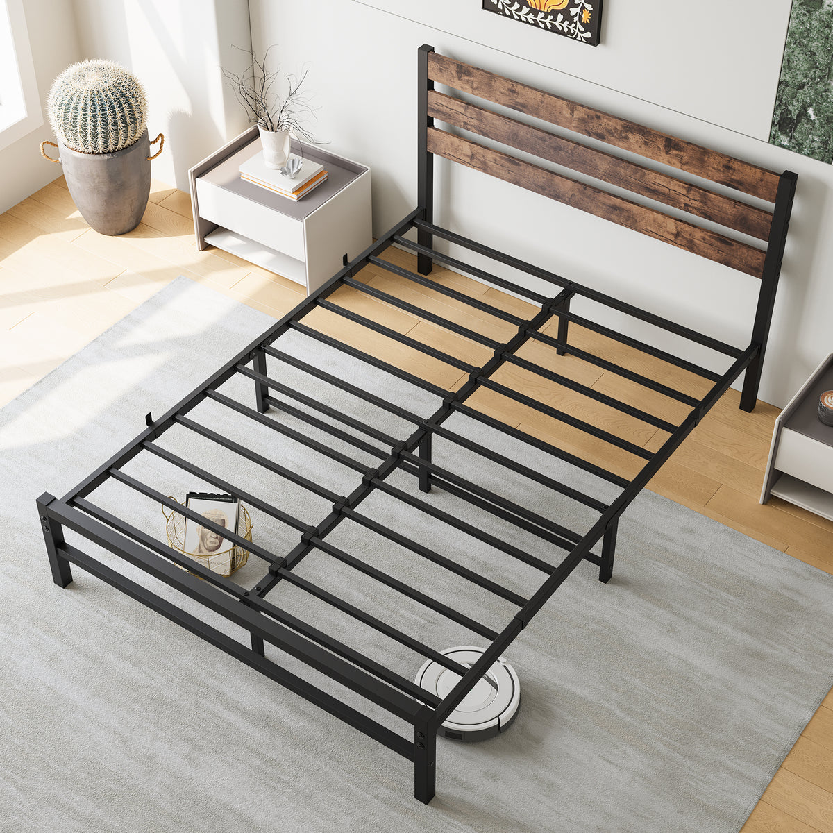 Full Size Platform Bed Frame with Rustic Vintage Wood Headboard, Strong Metal Slats Support Mattress Foundation, No Box Spring Needed Rustic Brown W84084262-djyc