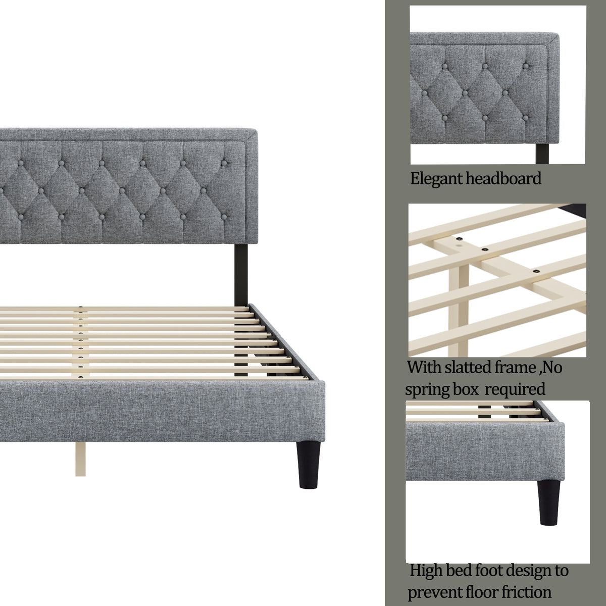 King size Panel Bed Frame with Adjustable Button-Tufted Headboard for Bedroom/Linen Upholstered/Wood Slat Support/Easy Assembly,Light Grey W1793140501-djyc