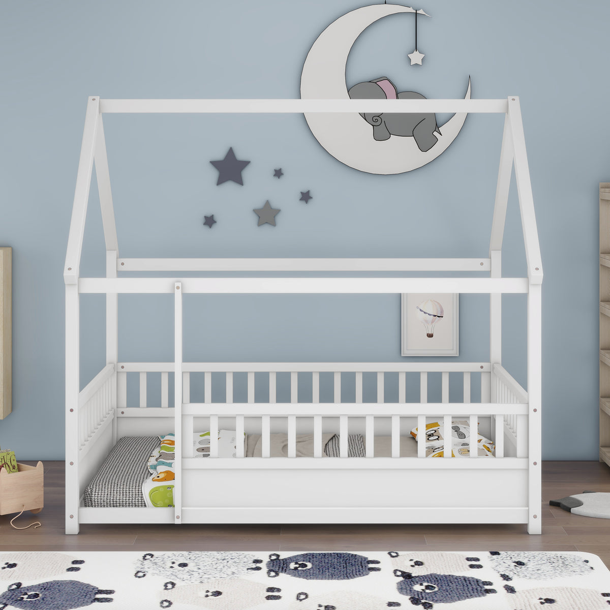 Full Size Floor Wooden Bed with House Roof Frame, Fence Guardrails,White W1858123986-djyc