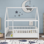 Full Size Floor Wooden Bed with House Roof Frame, Fence Guardrails,White W1858123986-djyc