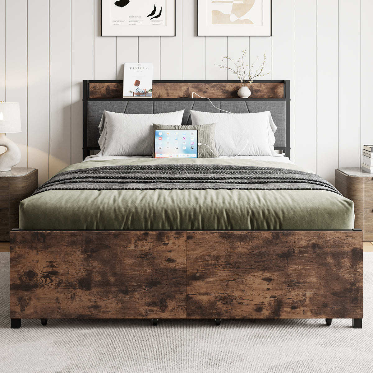 Full Size Bed Frame, Storage Headboard with Charging Station and 2 Storage Drawers,Vintage Brown and Gray W840137806-djyc