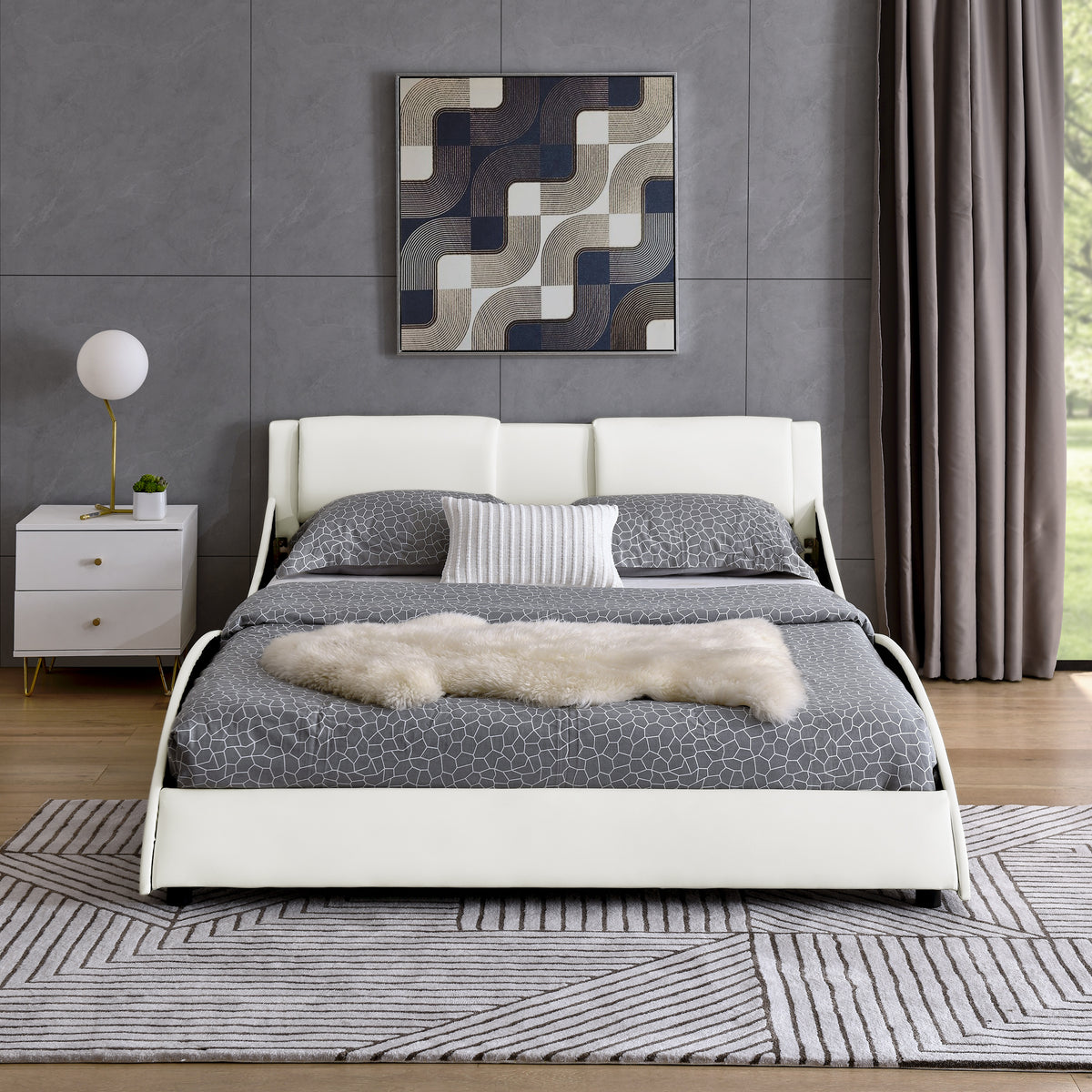 Queen Bed Frame Modern Faux Leather Upholstered Platform Bed Frame with and Headboard Wave Like Curve Low Profile Bed Frame,Wood Slats Support,Easy Assembly,White W487P169714-djyc