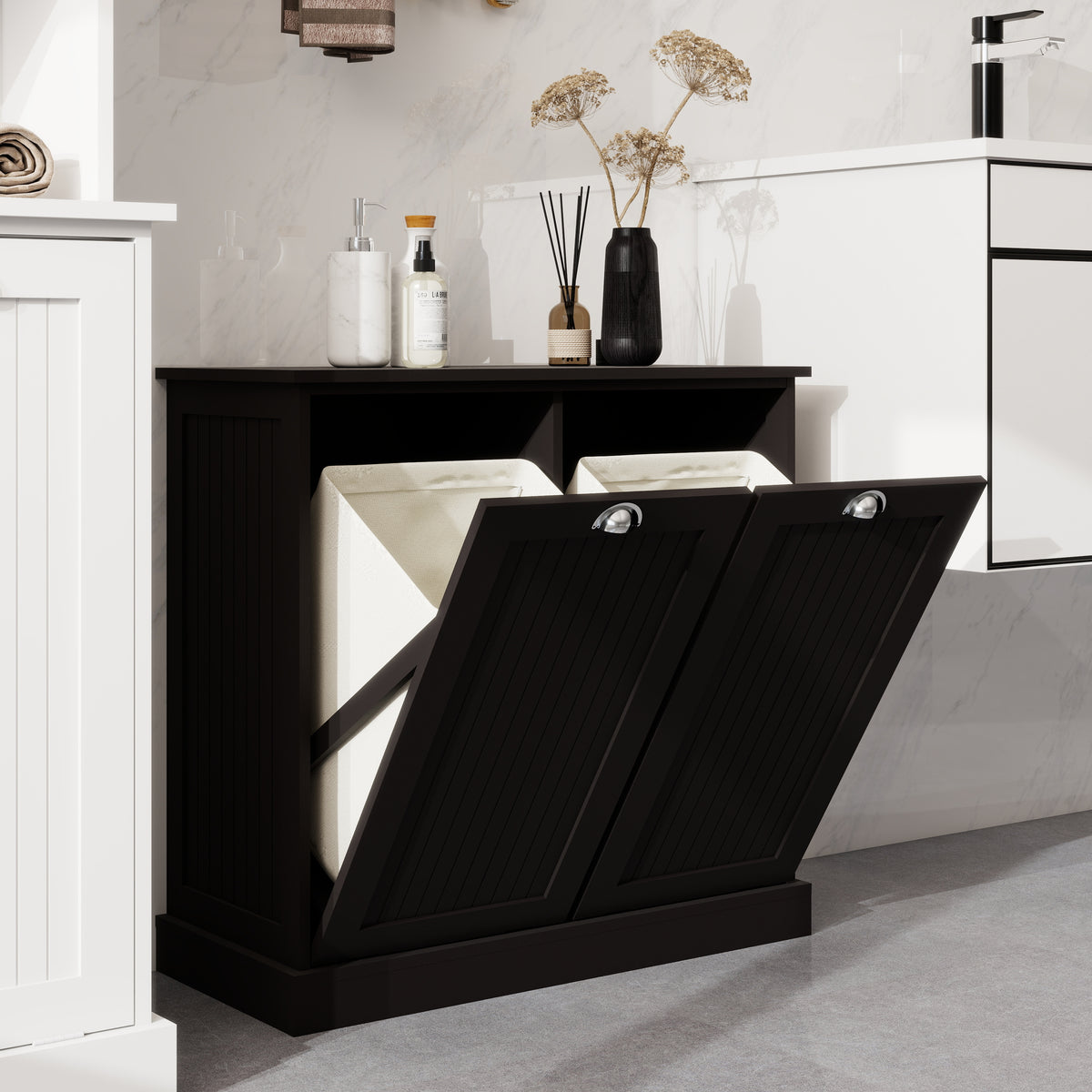 Two-Compartment Tilt-Out Laundry Sorter Cabinet-Black W1120139082-djyc