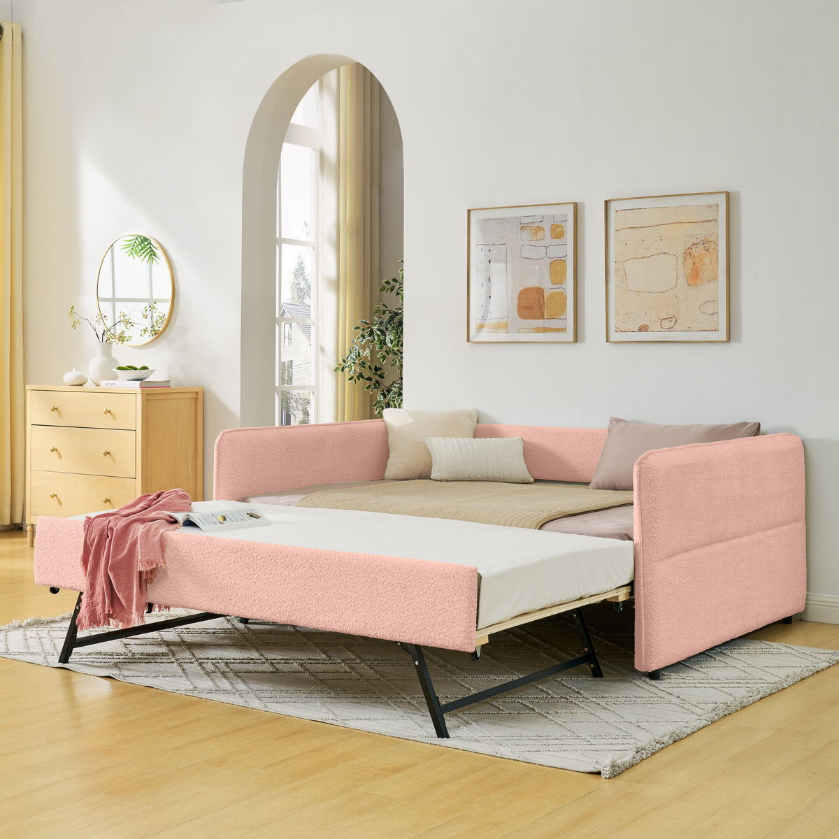 Full Size Daybed with Twin Size Pop-up Trundle Upholstered Tufted Sofa Bed, Full Size, Boucle Fabric (83'x58.5'x29.5')-W1413S00175