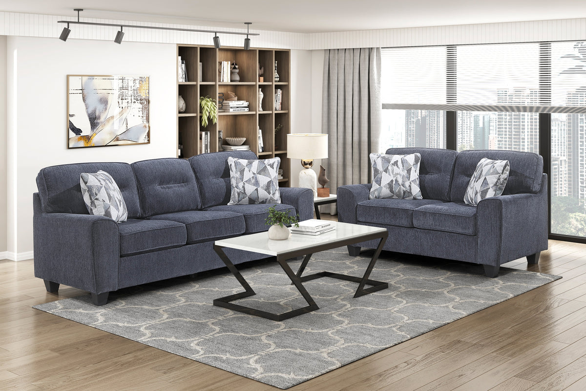 Contemporary Blue 2pc Set Sofa Loveseat Durable Chenille Fabric Decorative Pillows Wooden Living Room Furniture-B011S02478