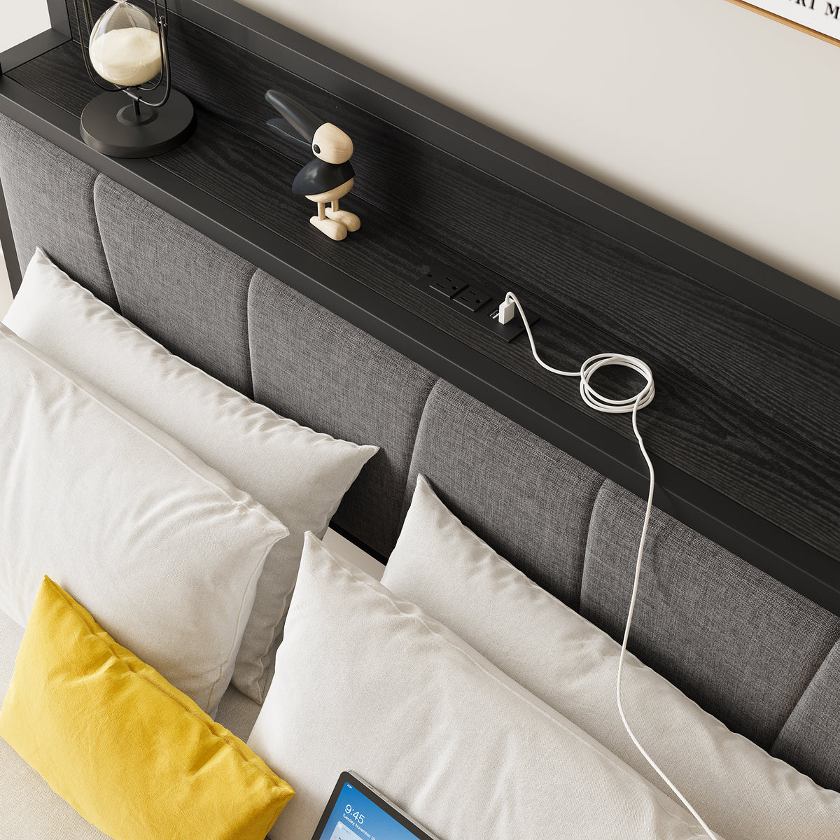 Full Size Bed Frame, Storage Headboard with Charging Station, Solid and Stable, Noise Free, No Box Spring Needed, Easy Assembly W840P179122-djyc