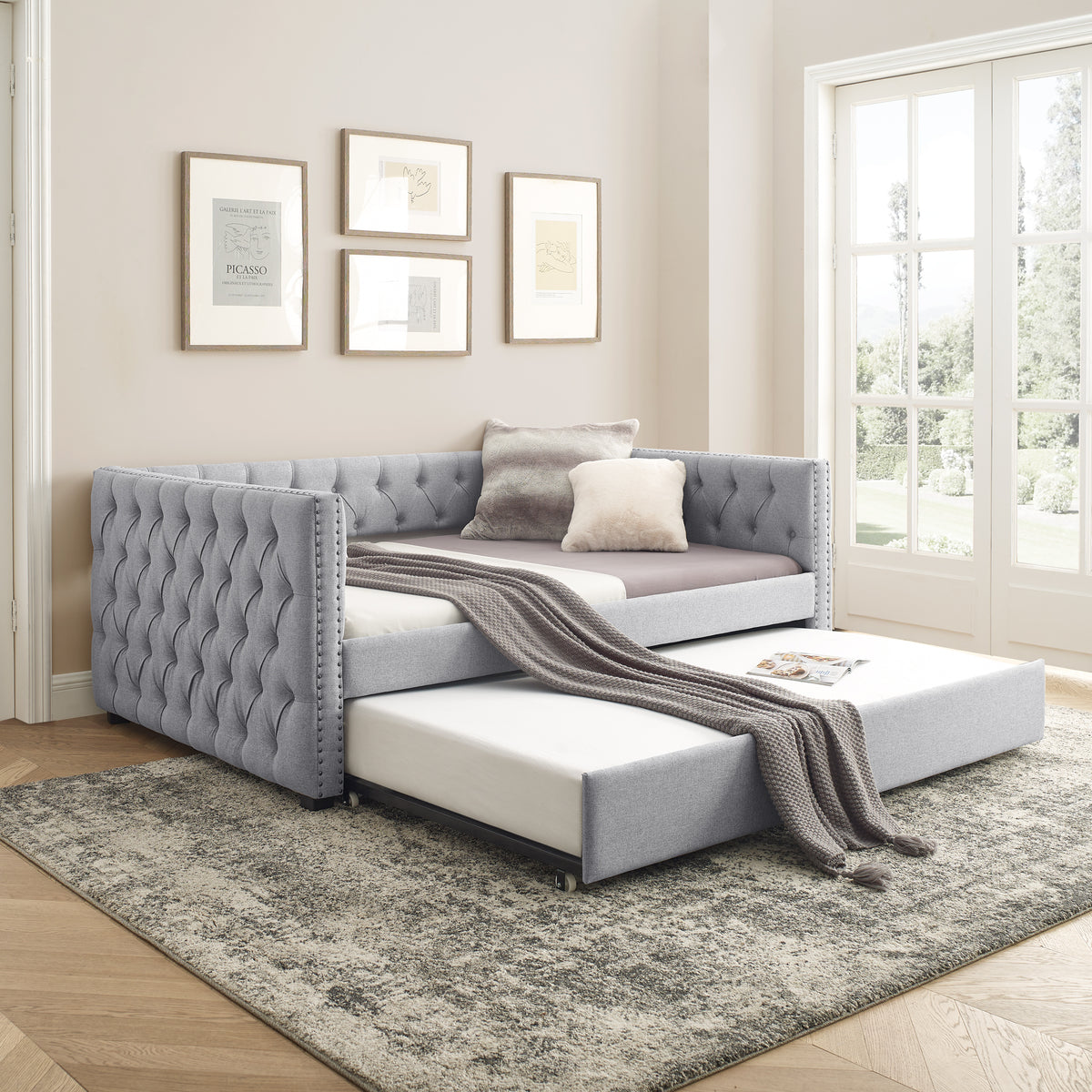 Daybed with Trundle Upholstered Tufted Sofa Bed, with Button and Copper Nail on Square Arms,Full Daybed & Twin Trundle, Grey(85'x57'x31.5') W487S00101-djyc