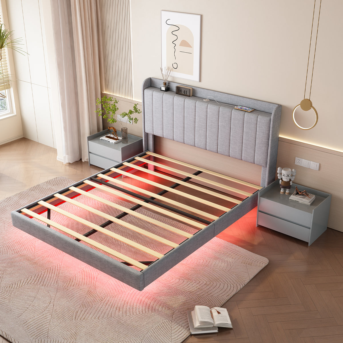 Queen size Floating Bed Frame,with Remote control LED Lights with APP , Wood Platform-Light Grey W2336P167496-djyc