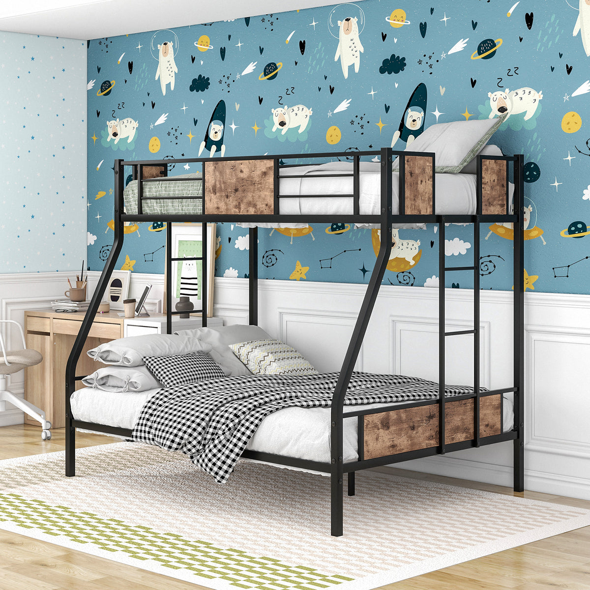 Twin Over Full Metal Bunk Bed, Heavy Duty Metal Bed Frame with Safety Rail , 2 Side Ladders & Decorative Wood ,No Box Spring Needed W840126707-djyc