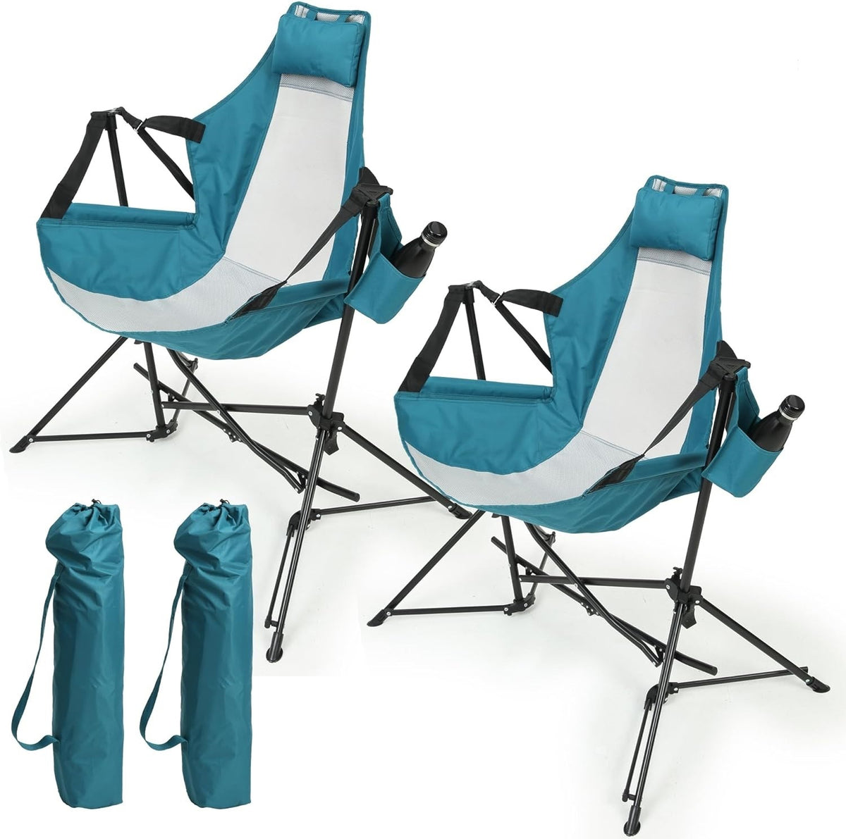 Hammock Camping Chair, Folding Portable Rocking Chair, Aluminum Alloy Adjustable Back Swinging Chair with Pillow Cup Holder, Recliner with Carry Bag for Outdoor Travel Lawn Backyard, Blue (2pcs) W640P147223-djyc