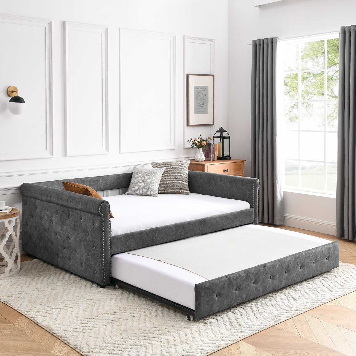 Daybed with Trundle Upholstered Tufted Sofa Bed, with Button and Copper Nail on Arms,Full Daybed & Twin Trundle, Grey(85.5"x57"x30.5") W487S00078-djyc