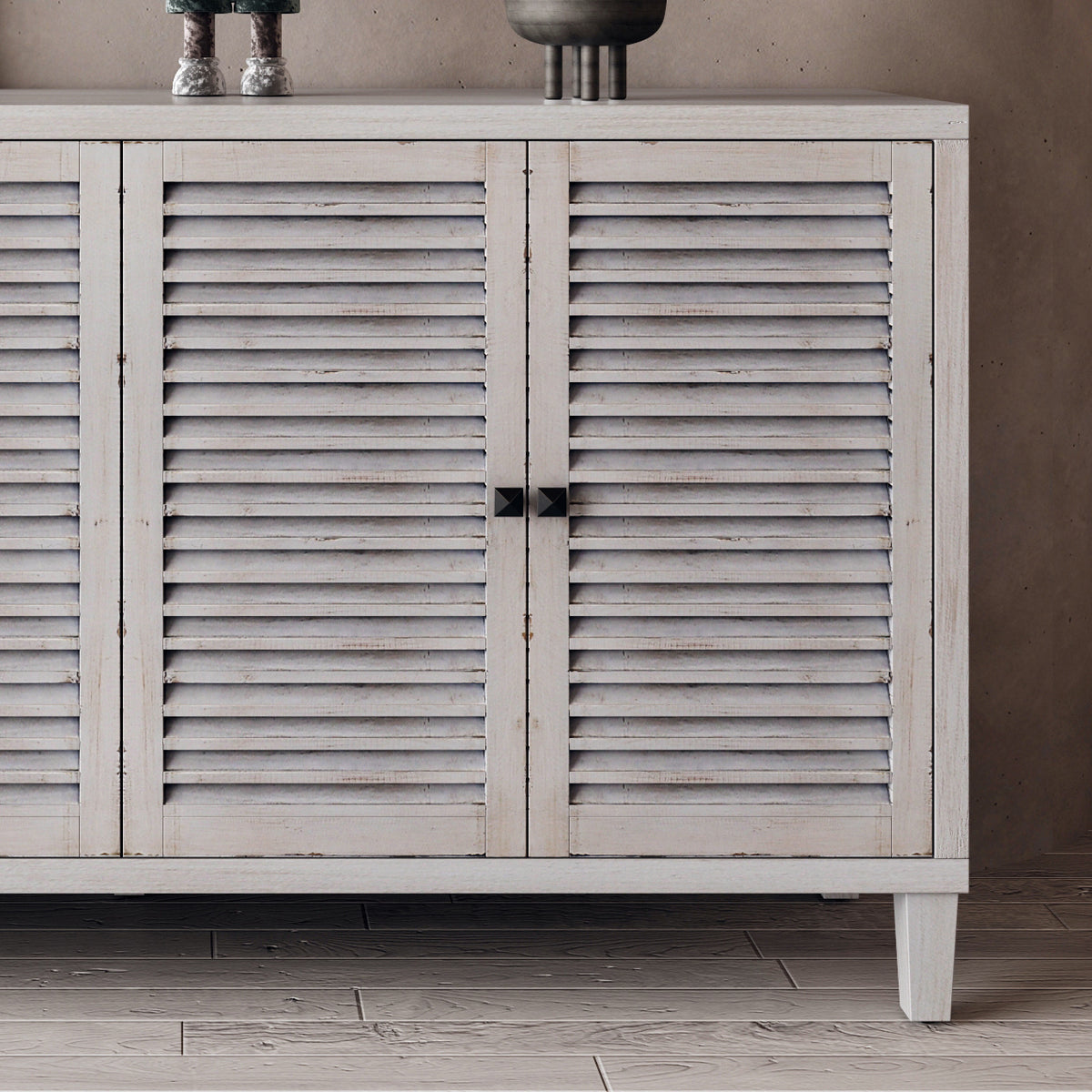 Accent Cabinet 4 Shutter Door Wooden Cabinet Sideboard Buffet Server Cabinet Storage Cabinet, for Living Room, Entryway, Hallway, Office, Kitchen and Dining Room, Distressed White W1435P153088-djyc