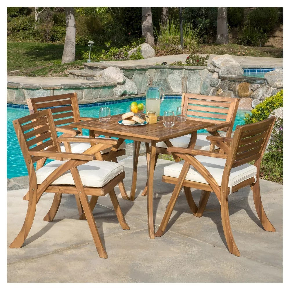 Outdoor Hermosa 5 Piece Wood Dining Set With Cushions, Teak Finish With Beige Cushion 54555.00TEA4-57234.00-djyc