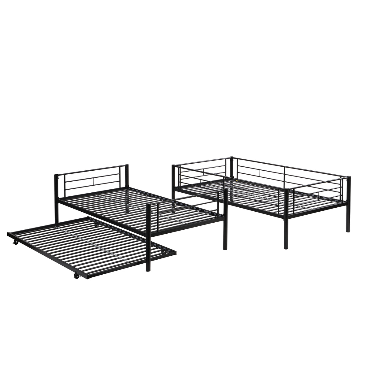 Over Twin Bunk Bed Frame with Trundle,Metal Bunkbed with Sturdy Guard Rail and 2 sideLadders for Kids/Adults,Can be Divided Into Two Beds, No Box Spring Needed, Noise Free for Dorm,Black W1916115338-djyc