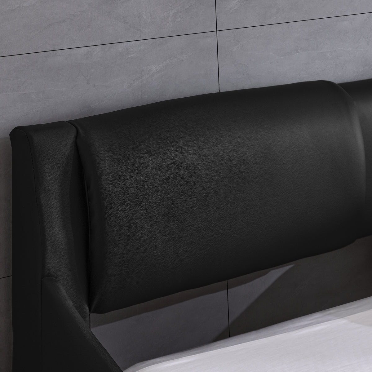 Queen Led Bed Frame Modern Faux Leather Upholstered Platform Bed Frame with RGB LED Lights and Headboard Wave Like Curve Low Profile Bed Frame,Wood Slats Support,Easy Assembly, Black W487P169716-djyc