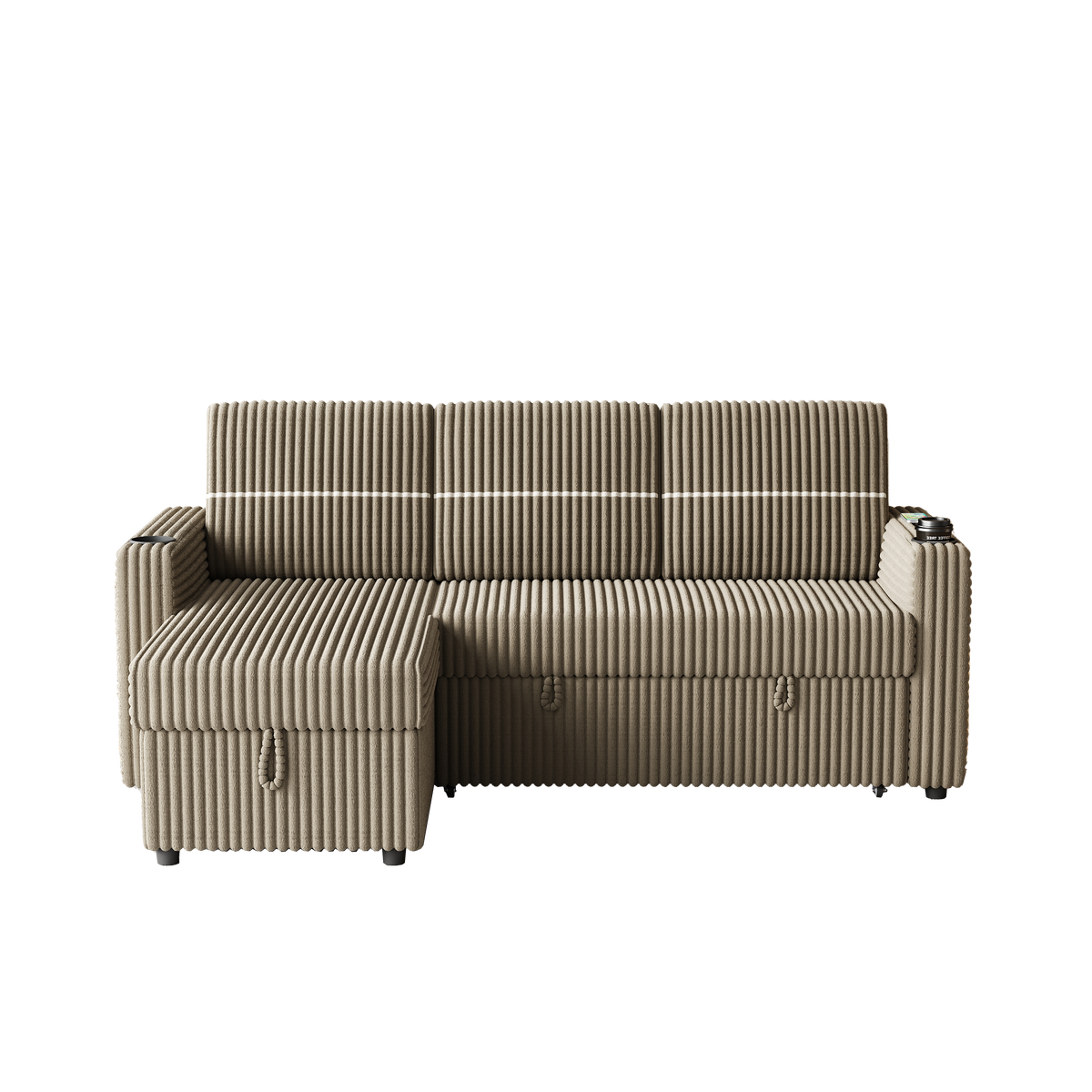 85 Inches Corduroy Sofa Bed, 3 Seater Sleeper Sofa with Storage Chaise, Square Handrail With Two Cup-holder And USB Charge Port, Pull Out Couch for Living Room W834S00271-djyc