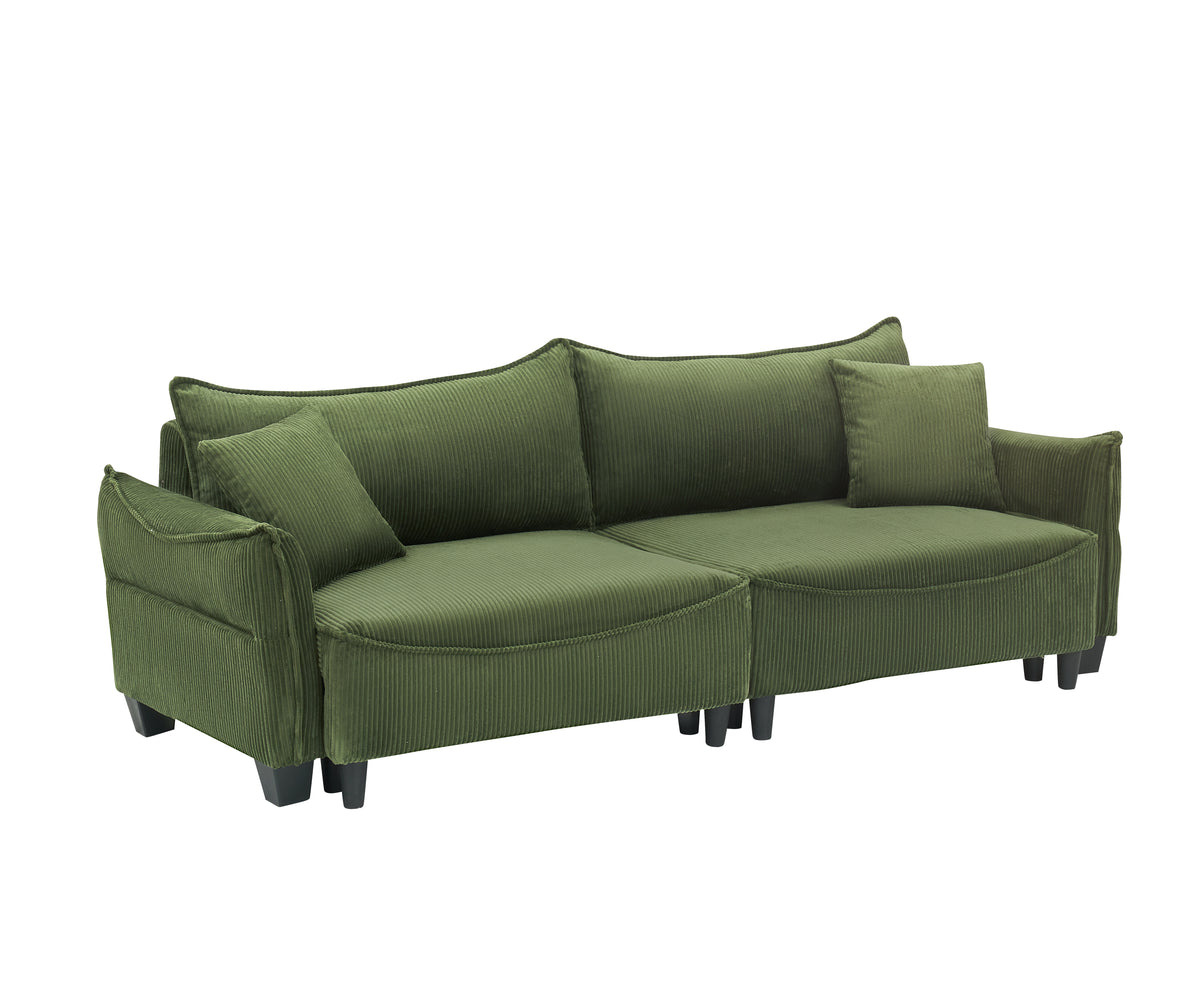 Sofa Showcasing Green Corduroy Fabric, Transformable into Sofa Bed with Two Throw Pillows: Ideal for Living Rooms & Diverse Scenes W1278S00038-djyc