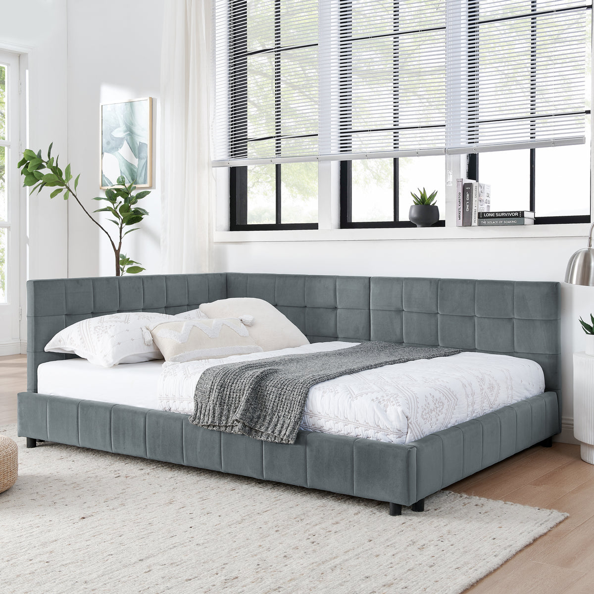 Full Size Upholstered Tufted Bed Frame, Sofa Bed Frame with Comfortable Backrest and Armrests, Full Size Bed for Bedroom, Living Room,Velvet, Grey(80.5''*59''*30.5'') W487S00224-djyc