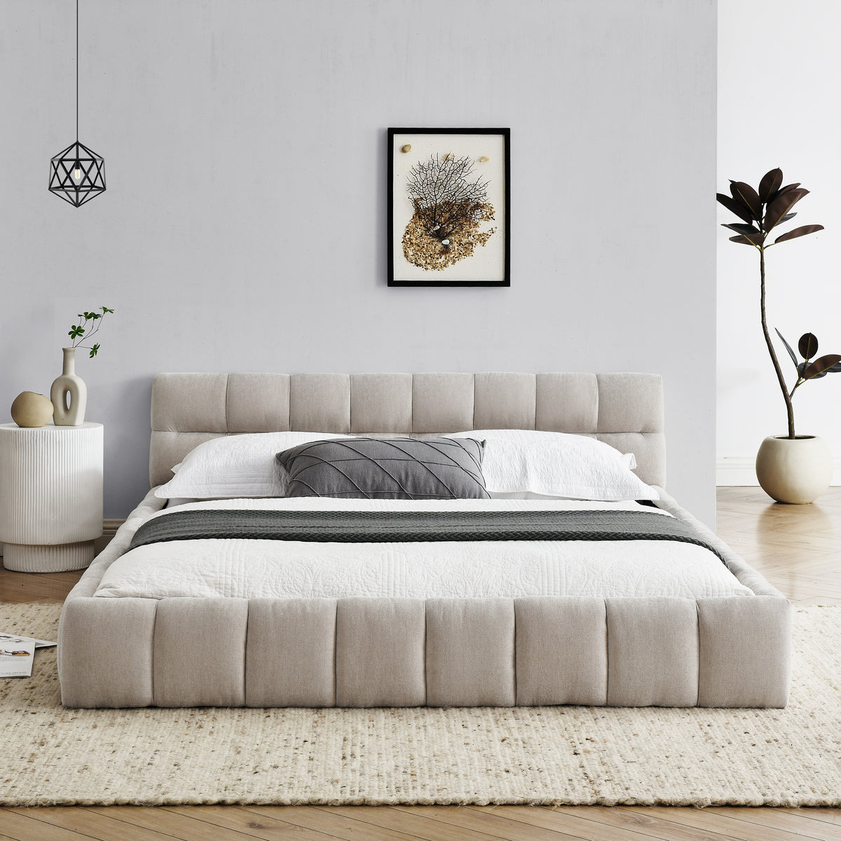 Queen Size Upholstered Bed Frame with Thick Fabric, Chenille Fabric Grounded Queen Size Platform Bed with Headboard and Solid Frame. No Box Spring Needed, Beige(68''*86.5''*23.5'') W487S00220-djyc