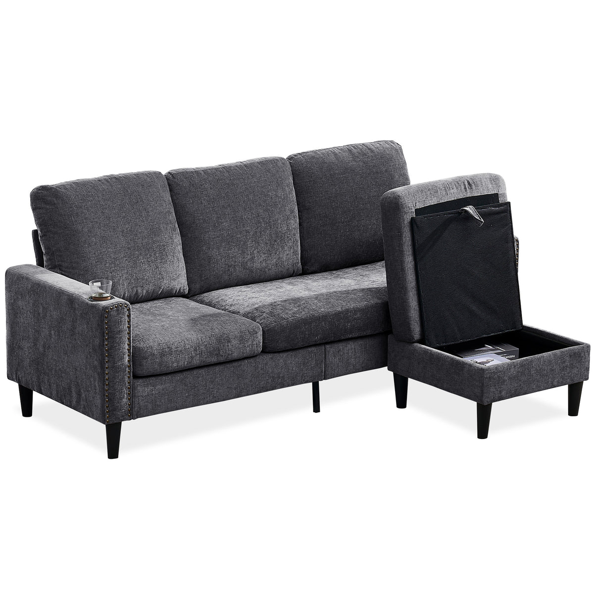 Modern Design Chenille 3 Seat L-Shape Sectional Sofa with Storage Chaise for Apartment, Studio, Office,Living Room,L shape-Dark Grey W1164P212161-djyc