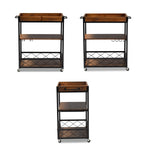 32.6'' Tall Industrial Style Rolling Kitchen Island Wine Cart with Black Finished, Fir Wood Mobile Metal Wine Bar Cart with Glass Rack, Oak Brown W2557P180163-djyc