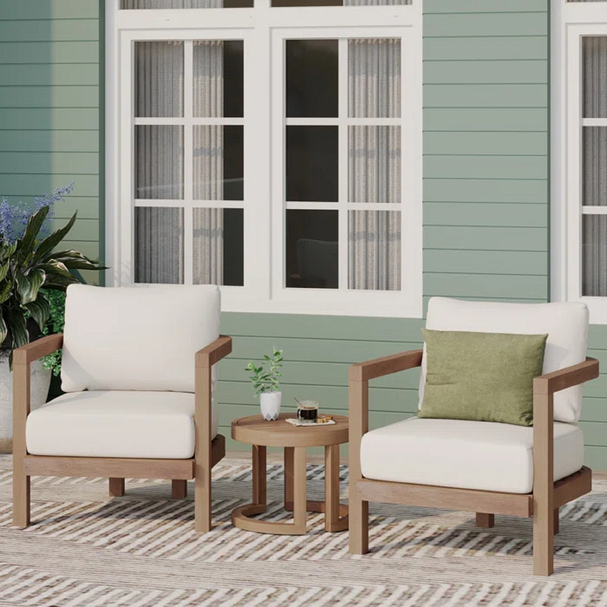 Patio Set 3 Piece Acacia Wood Outdoor Furniture Conversation Seat with Table for Porch, Garden, Backyard, Balcony, Brown wash, Beige cushion N780P7230306-djyc