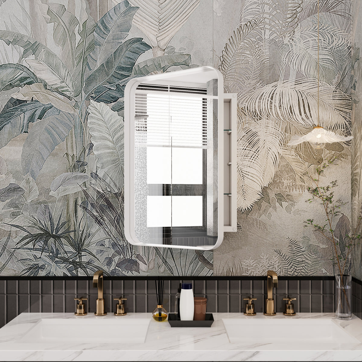 16x24 Inch Recessed White Metal Framed Medicine Cabinet with Mirror and Adjustable Shelves Black Wall Mirror with Storage for Bathroom W1435142930-djyc