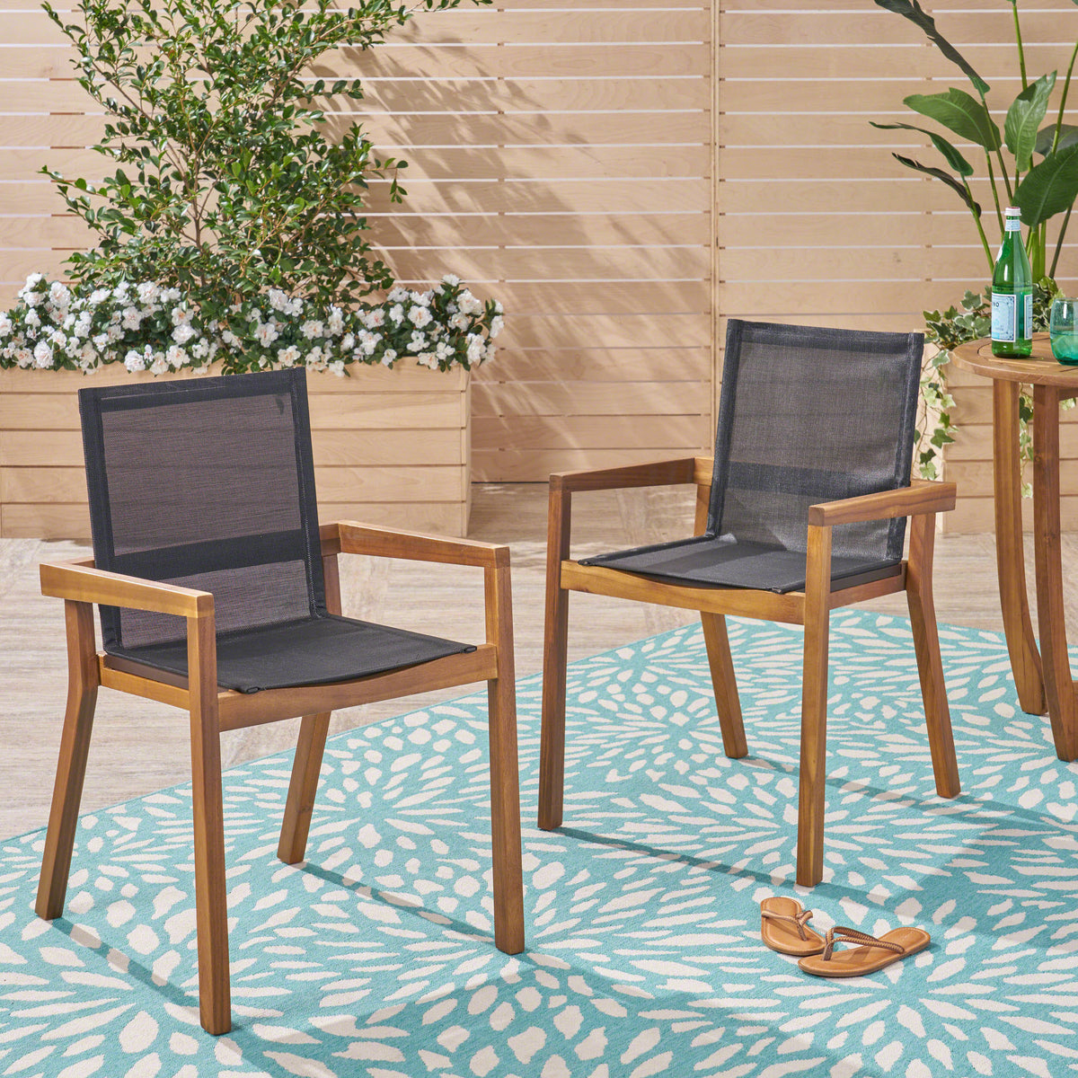 Versatile Outdoor Dining Chairs – Acacia Wood Frames, Black Mesh Seating, and Teak Finish for Stylish and Comfortable Al Fresco Dining,Set of 2 63256-djyc